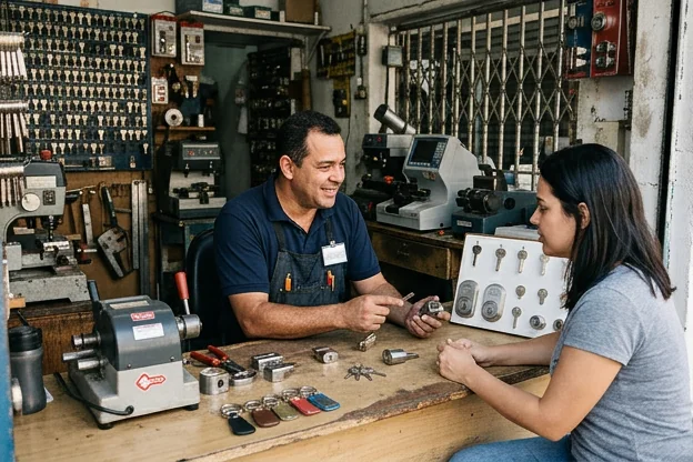 Chaveiro em Itaboraí conversando com um cliente sobre serviços.