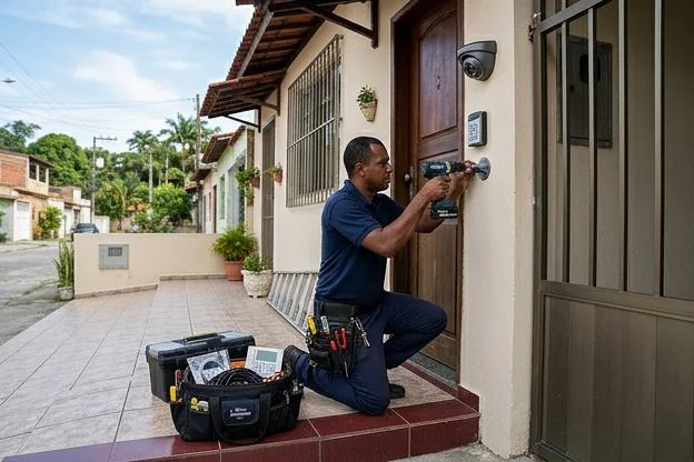 Chaveiro em Itaboraí instalando sistema de segurança em uma casa.