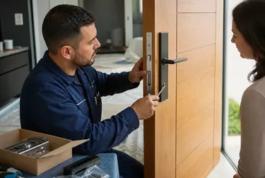 Chaveiro em Itaboraí instalando uma nova fechadura em uma porta.