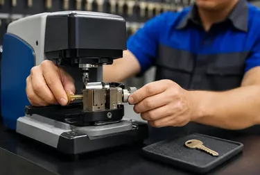 Chaveiro em Itaboraí utilizando uma máquina para copiar uma chave.