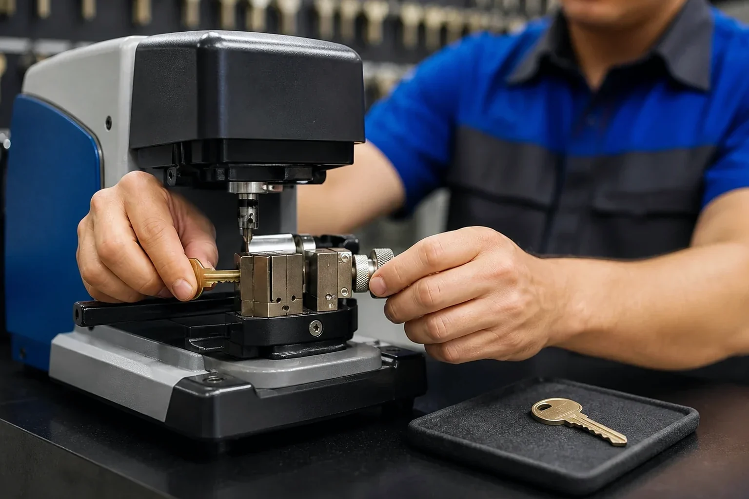Chaveiro em Itaboraí utilizando uma máquina para copiar uma chave.